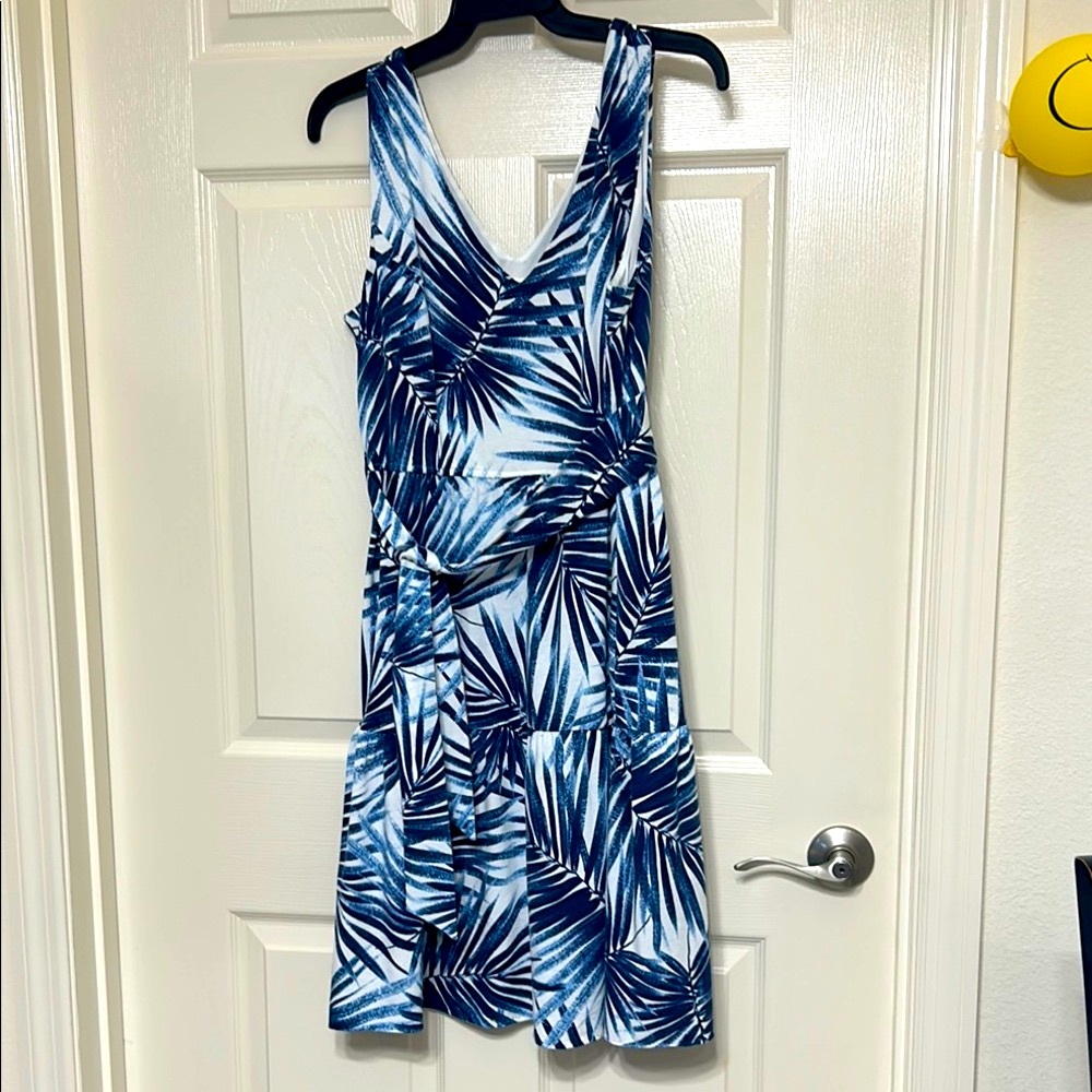 Soho Apparel Blue and White Palm Print Midi Dress